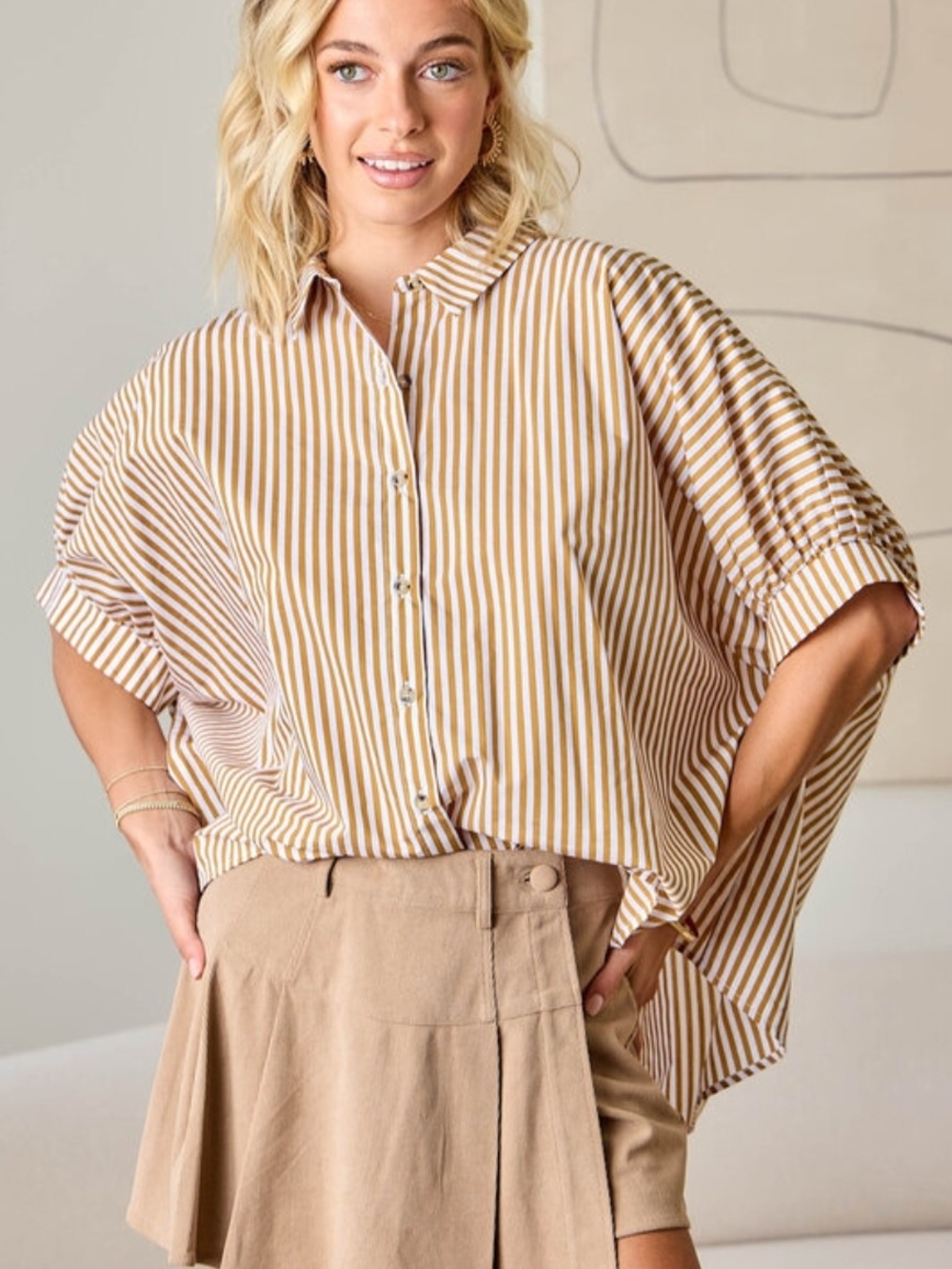 Relaxed Stripe Button-Front Shirt in Tan & White